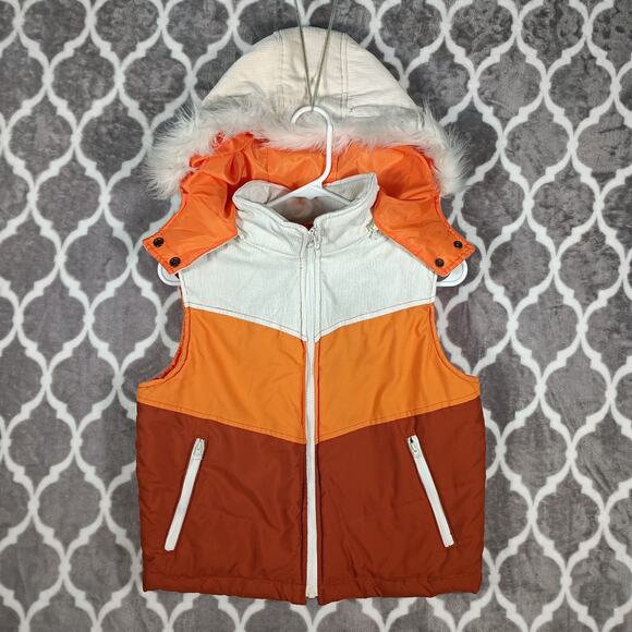 Gadzooks Jackets & Blazers - Gadzooks Puffer Vest Women Size Large Orange Colorblock Hood Faux Fur Y2K Retro